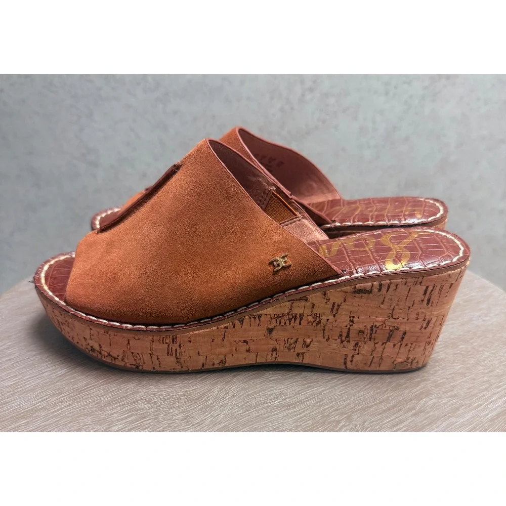 Sam Edelman 8  Womens Boho Ranger Brown Suede Cork Wedge Platform Slide Sandals